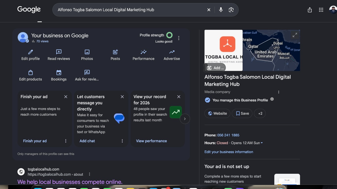 Google Business Profile dashboard and Google Search result for Togba Local Hub